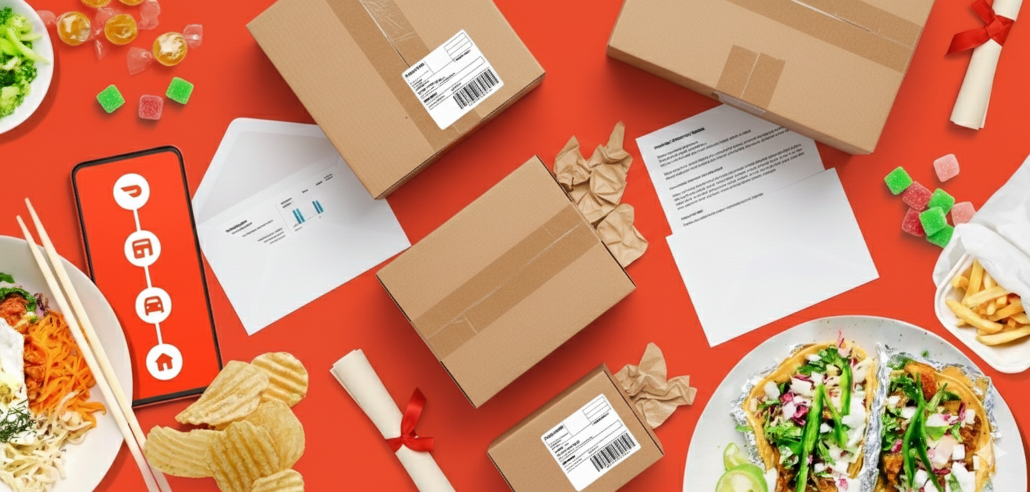 Food delivery items background - food bowls, packages, and delivery items